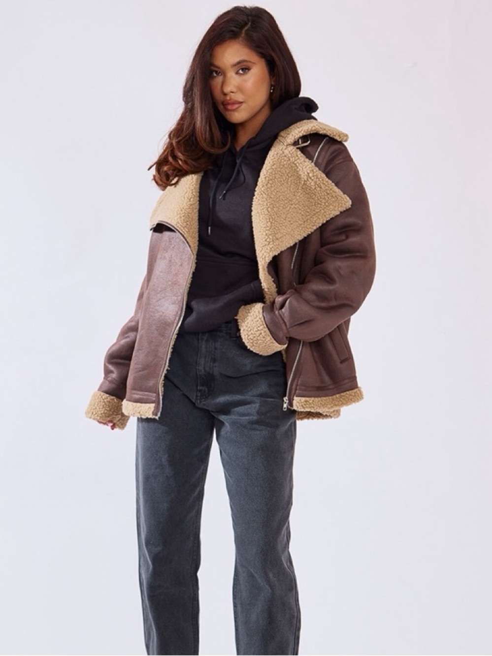Cream fur lined leather aviator jacket